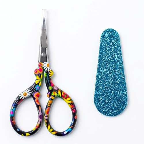 Embroidery Scissors, Mini Crochet Embroidery Scissors Small Sharp | With Leather Cover, Stainless Steel, Black Flower Design Shears, For Cross Stitch and Needlework