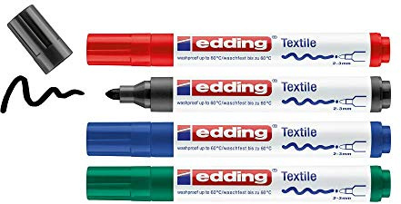 edding 4500 textile marker - black, red, blue, green - set of 4 - round nib 2-3 mm - permanent fabric markers for drawing on textiles, wash-resistant up to 60°C - marker pens for fabric lettering