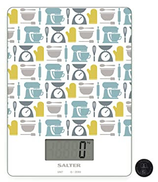 Salter 1102 GNBLDR Gadget Print bilancia da cucina digitale di precisione, pesa cucina, misurazione di liquidi e fluidi, funzione di tara, aggiunta e pesatura, Capacità 5kg, plastica, verde