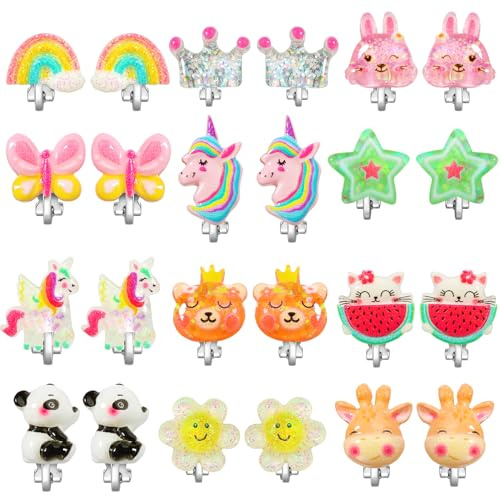 PinkSheep Pendientes de clip para niñas, 12 pares de diseños de unicornio, mariquita, arco iris y princesa para niñas mayores de 16 años