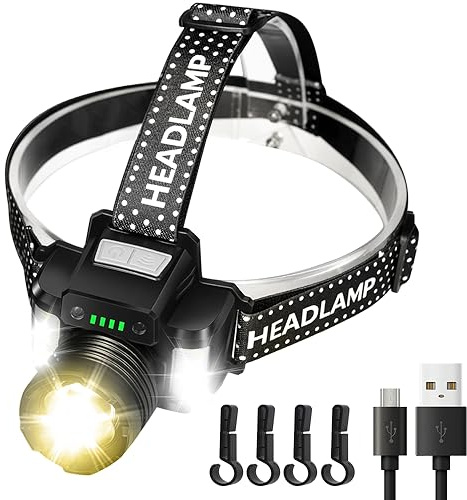DARKBEAM Lampe frontale LED 2000 Lumen USB rechargeable lumière chaude super brillante, feu rouge, détecteur de mouvement, Focus réglable, étanchéité, entretien de la voiture, le camping, la chasse