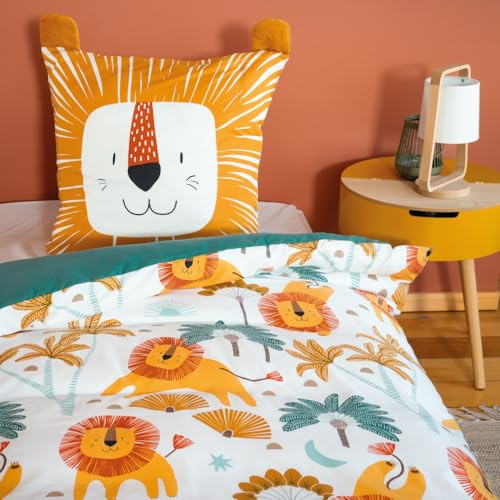 Parure de Lit 140x200 cm Enfant - Housse de Couette 140x200 cm + 1 Taie d'oreiller 63x63 cm Motif Imprimé Lion Jaune et Vert - Set de Housse de Couette en Microfibre - 2 Pièces