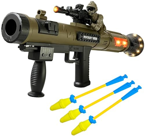 Toy Rocket Launcher, Rocket Gun with 3 Foam Rockets, Toy Rocket Barrel Launcher RPG Gun, with Sound, Vibration, LED Effects, Military Pretend Play Blaster Toy Gun (Brown)