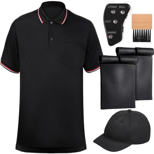 ShinyMatch 6 Pcs Baseball/Softball Umpire Accessories Set Including Umpire Shirt Hat Indicator Brush Ball Bag for Men Referee (Black,X-Large)
