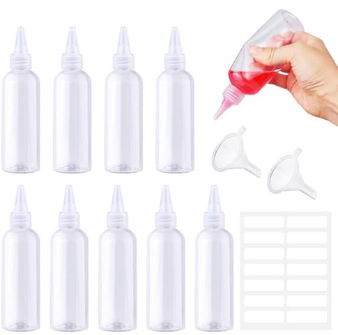 Prebarfun 10 Stück Squeeze Flasche 100ml, Leere Quetschflasche, Kunststoffflaschen zum Befüllen, Klein Saucenflasche mit Kappen, Trichtern, Etiketten für soßen, Farben und Öle usw.