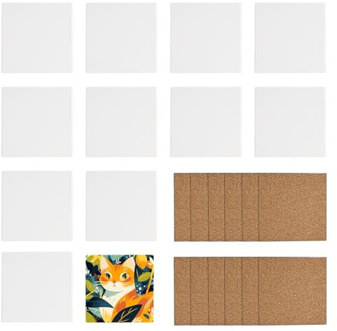 Eidoct 12 Pack White Ceramic Coasters, 10 cm Ceramic Tile for Crafts Coasters, Unglazed Blank Tiles, with 12 Pcs Cork Backing Pads, for Painting Projects Acrylic Pouring DIY Coasters Mosaics (Square)