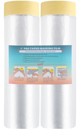 LLPT Tape and Drape Pre-Taped Masking Film 2 Packs-140cm(Unfolded) x 20m | Beige Washi Versatile Painter's Plastic Dust Sheets for Auto Wall Furniture Painting and Spraying Protection