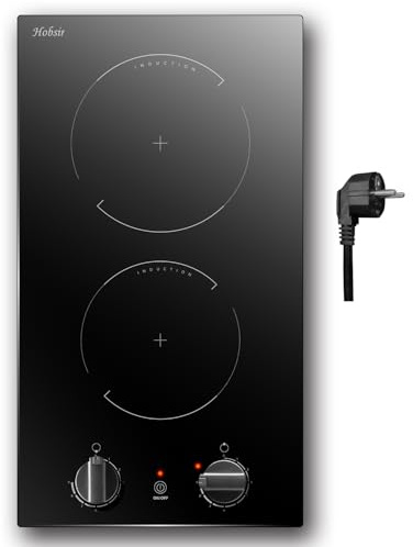 Hobsir Placa Inducción 2 Fuegos con Mando Giratorio, Placa de Cocina de Inducción con Enchufe, Independiente Doble Empotrable de 30 Cm, Control Por Botones, Placa de Cocina Con 2 Fogones