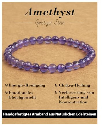 Landorilo Bracciale in Pietra Naturale da 6 mm, Braccialetti Elastico con Perline per Uomo e Donna, Bracciali Portafortuna, Gioiello Regalo con Perline di Ricambio（Ametista）