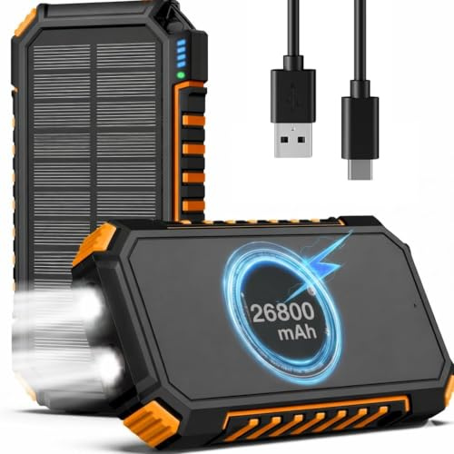 Velora Power bank wireless solare 26800 mAh impermeabile caricatore solare USB C batteria esterna con 4 uscite, power bank per smartphone, tablet e altro ancora