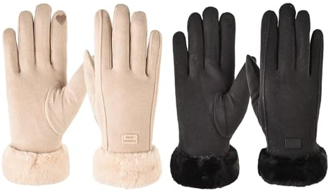 ZXTGBQ 2 Pares Guantes de Invierno para Mujer, Termicos Guantes, para Actividades De Ocio En Interiores o Exteriores (Beige, Negro)
