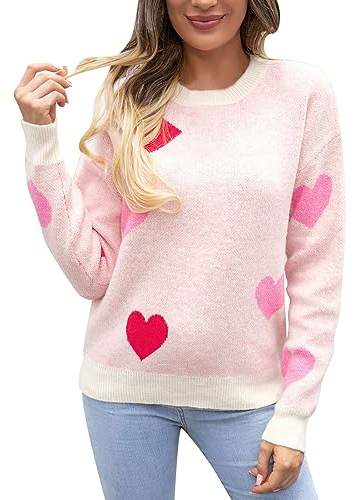 Generisch Pull d'hiver pour femme avec motif cœur Saint-Valentin cardigan col rond pull en tricot doux, Blanc., S