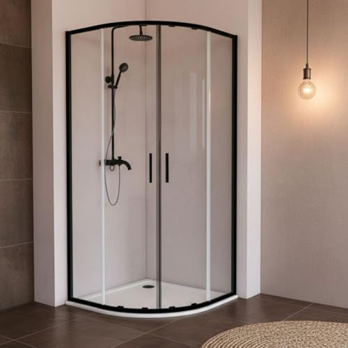 SOULHOME Mampara de ducha semicircular 80x80 cm negra mate, 2 fijos + 2 puertas correderas, vidrio templado 6 mm antical altura 200 cm