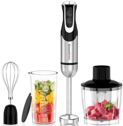 Bonsenkitchen Frullatore a Immersione 4 in 1, 1000W Inox con 12 Velocità e Turbo, Include Frusta, Bicchiere 700ml, Tritatutto
