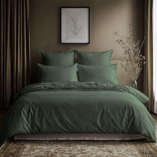 Lavea® Bettwäsche 135x200 cm, 2-teilig, Bettbezug 135x200 cm, 1x Kissenbezug 80x80 cm, Baumwolle, pflegeleichtes Bettwäsche-Set, mit Reißverschluss, Oeko-TEX Zertifiziert, Serie Jasmin, Olivgrün
