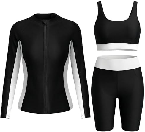 Ausing Donne Set Rashguard 3 Pezzi Costume da Bagno Manica Lunga Anti-UV Costume da Surf Spiaggia Piscina S-2xl, Nero/Bianco, S