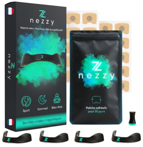 Nezzy Bandes Nasales Magnétiques – 4 Bandes Réutilisables à Vie + Patchs Adhésifs 30 Jours – Qualité Premium – Confort Respiratoire, Sommeil Réparateur, Sport, Anti-Ronflements - Marque française
