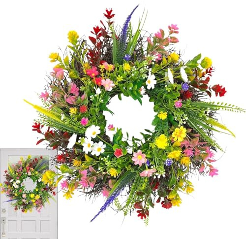 Sommar vild blomkrans – färgglada konstgjorda blomkransar | lämplig för inomhus- trädgårdsdekorationer, vår mors dag dekoration, heminredning, festdekorationer, dörrdekoration