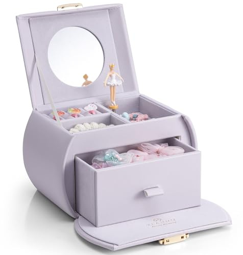 VLANDO Girls Jewellery Box with Drawer, Music Box with Ballerina for kids | 18*12*12.8cm, Lockable design, Gifts for 4 5 6 7 8 Year Old, PU leather, Canon melody, decorative for bedroom