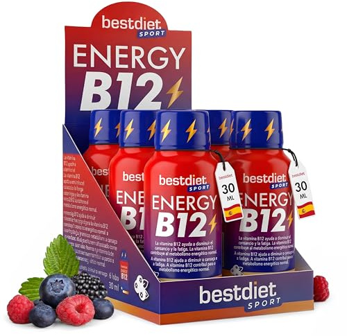 Vitamina B12 – Energy B12 Shots – 6 Shots de 30 ml Sabor Frutos Rojos – Complemento Alimenticio con Vitamina B12 – Ayuda al Metabolismo Energético Normal y a Disminuir el Cansancio – Bestdiet SPORT