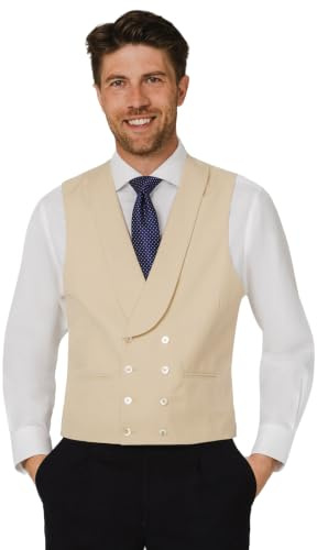 Dobell Mens Gold Buff Morning Waistcoat Regular Fit Double Breasted-L (42-44in)