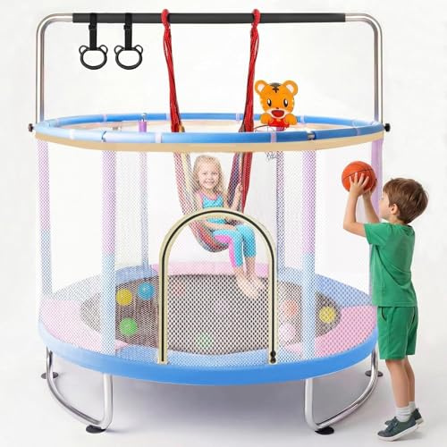 homelikesport Trampoline de 1,5 m pour Enfants de 3 à 14 Ans - avec Balançoire, Barre de Gymnastique & Panier de Basket - Adaptée Intérieur et Extérieur.