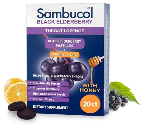 Sambucol Black Elderberry Throat Lozenge - with Black Elderbrry, Vitamin C, Zinc & Honey, Soothes Scratchy Throats, High Antioxidants, Gluten-Free - 20 Count