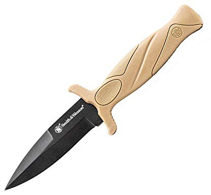 Smith & Wesson FDE 6.25in High Carbon S.S. Boot Knife with 2.75in Single Edge Blade and Rubberized Handle for Outdoor Survival, Camping and EDC,Tan