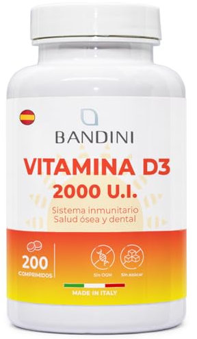 Bandini® Vitamina D 60.000 UI/mese 200 compresse (+6 mesi), Difese Immunitarie, Salute di Ossa, Denti e Muscoli, Metabolismo del Calcio, 50 mcg di Colecalciferolo, Vitamine D3 Pura ad Alto Dosaggio