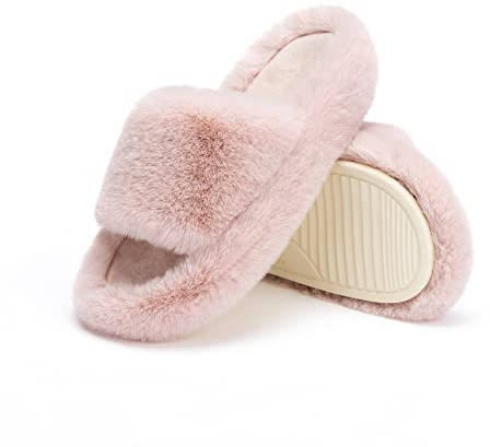 Chantomoo Chaussons Femme Ouvertes en Mousse Mémoire de Forme–Doublure Fausse Fourrure Extra Douce–Semelle EVA Anti-Dérapante pour Maison & marcher 4 Saisons–Cadeau Élégant,rose,38/39 EU