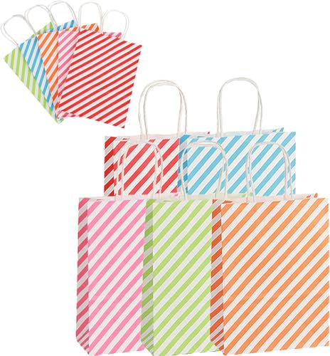 10 Stück Geschenktüten Geburtstag Partytüten Kindergeburtstag Bunte Streifen Mitgebsel Tüten Geschenktüten mit Henkel, Papiertragetaschen für Hochzeit Partys Geburtstage Weihnachten (21x15x8cm)