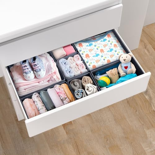 ORLISA Organisateur Tiroir 7 Pièces – Compatible Commode Malm, Boîtes de Rangement Pliables en Tissu, Séparateurs pour Vêtements, Sous-vêtements, Chaussettes et Bébé – Gris