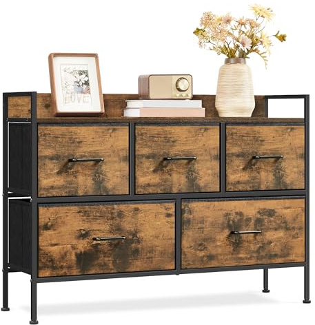 SONGMICS Chest of Drawers for Bedroom, 5 Fabric Drawers with Handles, Storage Organiser Unit, for Living Room, Hallway, Steel Frame, Rustic Brown and Ink Black LTS135B01