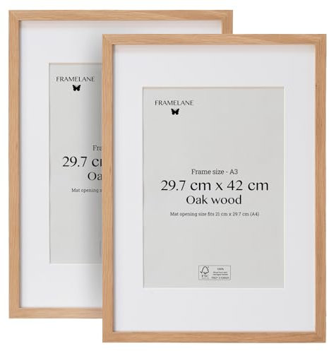Framelane Set de 2 Marco Madera A3 Natural FSC con Vidrio Acrílico Antirrayas y Antirroturas - Marco Decorativo con Passepartout y Montaje Vertical u Horizontal