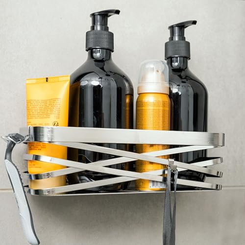 HOMELYN Duschablage ohne Bohren I Edelstahl I Modernes Design in Silber I B22 cm x T10 cm x H7 cm I Klebepad-Befestigung, extrem hohe Tragkraft, sicherer Halt I Mit 5 Haken inkl. Rasiererhaken