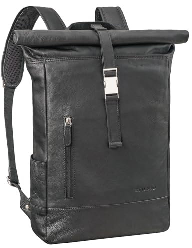 STILORD 'Harriet' Vintage Rolltop Rucksack Leder mit Laptop-Fach 15,6-17 Zoll Fahrradrucksack Kurierrucksack für Damen und Herren aus weichem Leder, Farbe:schwarz