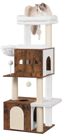 Hzuaneri 130 cm Torre para Gatos, 2 Cuevas para Gatos con Camas Acolchadas, Muebles para casa de Gato con 4 rascadores, Plataformas Grandes, rascador de Madera, Marrón Vintage MS13201WT