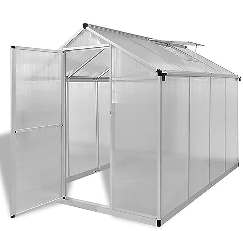 IKAYAA Gewächshaus Aluminium mit Fundament 242 x 190 x 195 cm Gartenhaus Winterfest Gewächshaus Glas Glashaus Garten Tomatenhaus Frühbeet und Pflanzenhaus