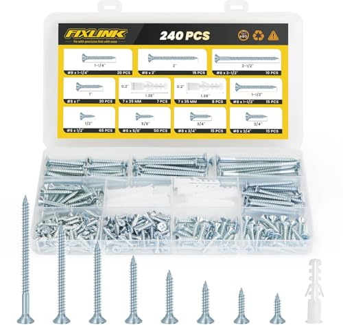Wood Screws Assortment Kit, FIXLINK 240 PCS High Hardness Flat Head Wood Screws Set, Phillips Drive Assorted Screws, Contain 15PC Anchors and 8 Size (2-1/2”,2”,1-1/2”,1-1/4”,1”,3/4”,5/8”,1/2”), Zinc