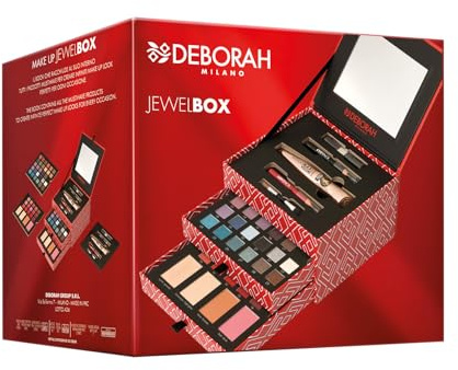 Deborah Milano - Trousse Set Regalo Donna Make Up Jewel Box, Kit Mascara e Matita Occhi, Labbra, Palette di Ombretti, Rossetti, Gloss e Polveri Viso dai Diversi Finish e Colori, in Carta FSC