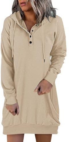 Générique Robe Sweat à Capuche Femme Hiver Long Avec Poche et Boutons (Beige, L)