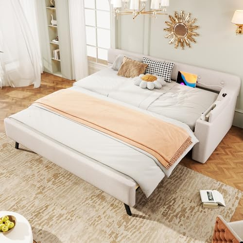 Sofá cama, cama de día, 90 x 200 cm, sofá cama con somier, con cama nido extensible con compartimento plegable, USB+Type-c, lino, (sin colchón) (beige)