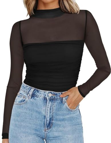 RUISHH Mujeres Transparente Sexy Camiseta de Manga Larga Malla Tops Tul Túnica Blusa Clubwear Negro XXL