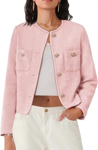 Juankrynord Giacca da lavoro in tweed corta casual con bottoni a maniche lunghe da Donna primavera 2025 manica lunga colletto rotondo arrotolato blazer casual con bottoni e tasche (Pink,M)