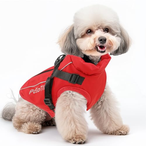 PcEoTllar Manteau imperméable pour Chien de Petite Taille, Veste Chaude réfléchissante avec Harnais pour l'hiver, Costume de Ski, Pull pour Chien, en Coton, Rouge, Taille M