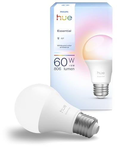 Lampada Philips Hue Essential Smart LED A60, White and color ambiance, E27 Base, 8 W, 2.200 K-6.500 K, 806 lumen, intensità regolabile, compatibile con Alexa, Google Assistant e Apple Home, conf. da 1