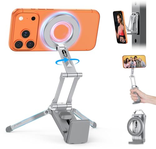 OMOTON TP02 Aluminio Trípode Magnético para Teléfono, Rotación 360° para Trípode con MagSafe, Soporte Ajustable 4 en 1 para iPhone 17/16/15/14 Pro MAX Air, Ideal para Gimnasio, Vlogs y Viaje, Plata
