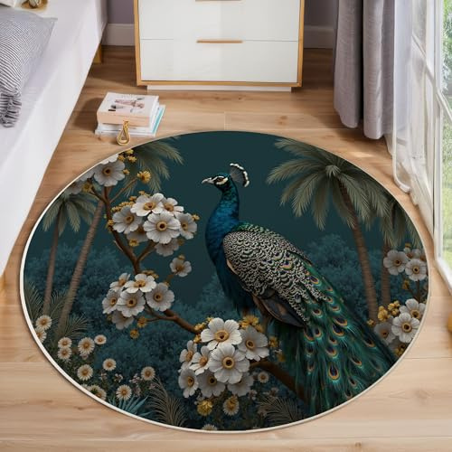 Washable Round Area Rug 60 Cm Non Slip Thin Circle Carpet Elegant Peacock Round Rugs Palm Trees And Date Palms Soft Carpet Blue-Green For Bedroom Living Room Hallway Office