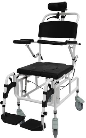 Toalettrullstol, justerbar duschstol med 4 hjul, sitthöjd 55–61 cm, bredd 43 cm, duschtoalettrullstol, dusch, rullstol i aluminiumlegering duschstol för äldre och funktionshindrade