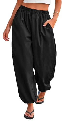 Tankaneo Womens Balloon Baggy Pants Trendy Casual Elastic Waist Wide Leg Harem Pants Pleated Lantern Trousers Black